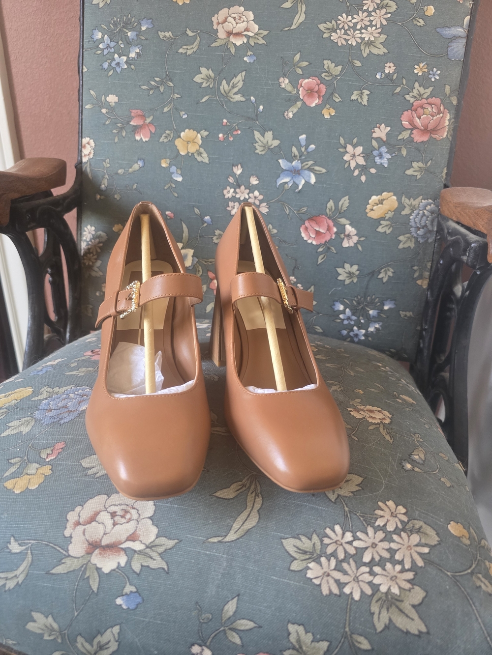 Women's Tan Mary Jane Heels with Buckle Strap
